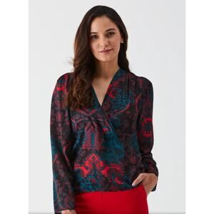 Ella Raffaella Long Sleeve Grand Tapestry Print Cross Front Surplice Blouse Top